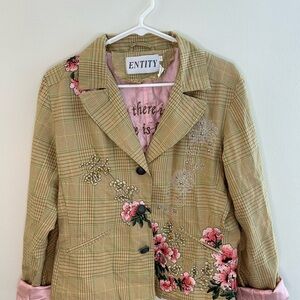 Women's Floral Embroidered Jacket - Tan and Pink